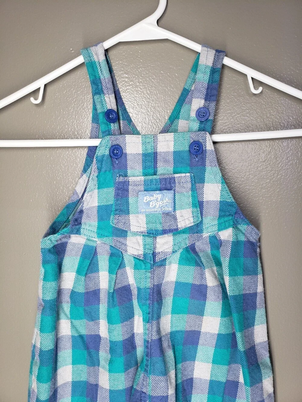 OshKosh B'gosh Toddler Vintage Overalls Blue Teal Plaid Sz 18 Months Made In USA